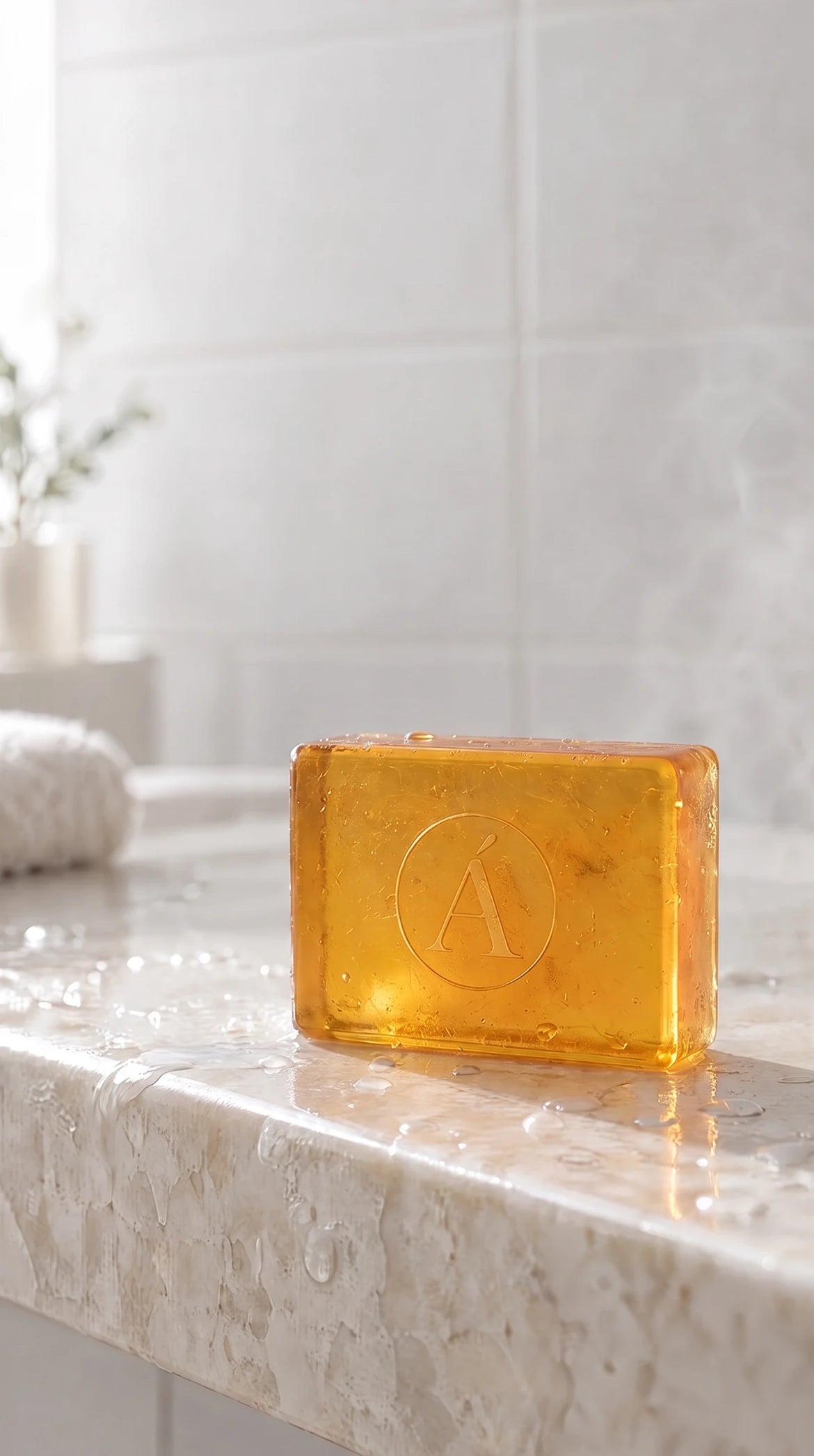 The Ayré persimmon cleansing bar on a wet stone ledge in a bright bathroom