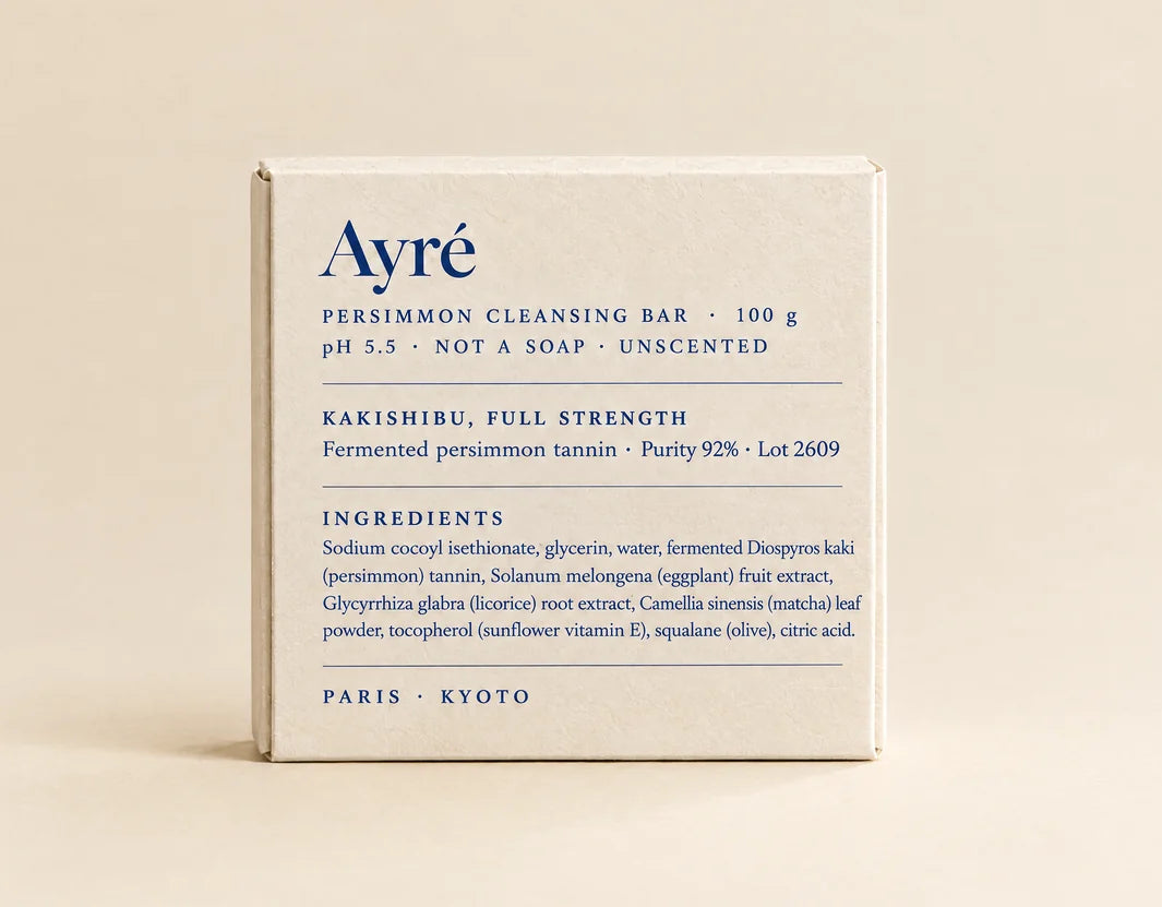 The back of an Ayré box, printed with the lot number, pH 5.5 and the full ingredient list.