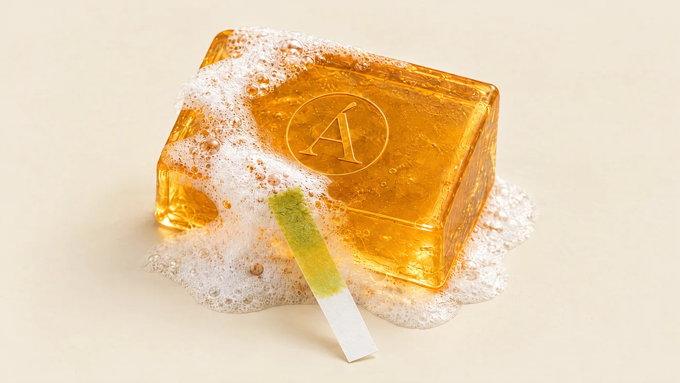 Ayré bar in lather with a pH test strip turned yellow-green.