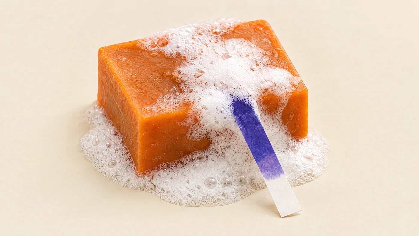 Persimmon soap bar in lather with a pH test strip turned purple.