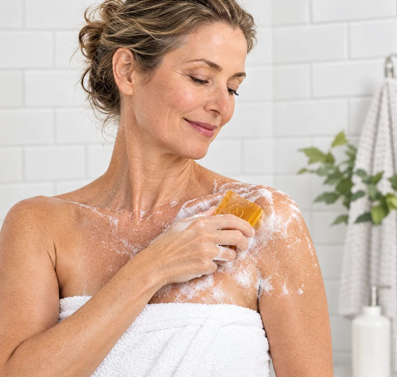 Woman washing her chest and shoulders with the Ayré bar